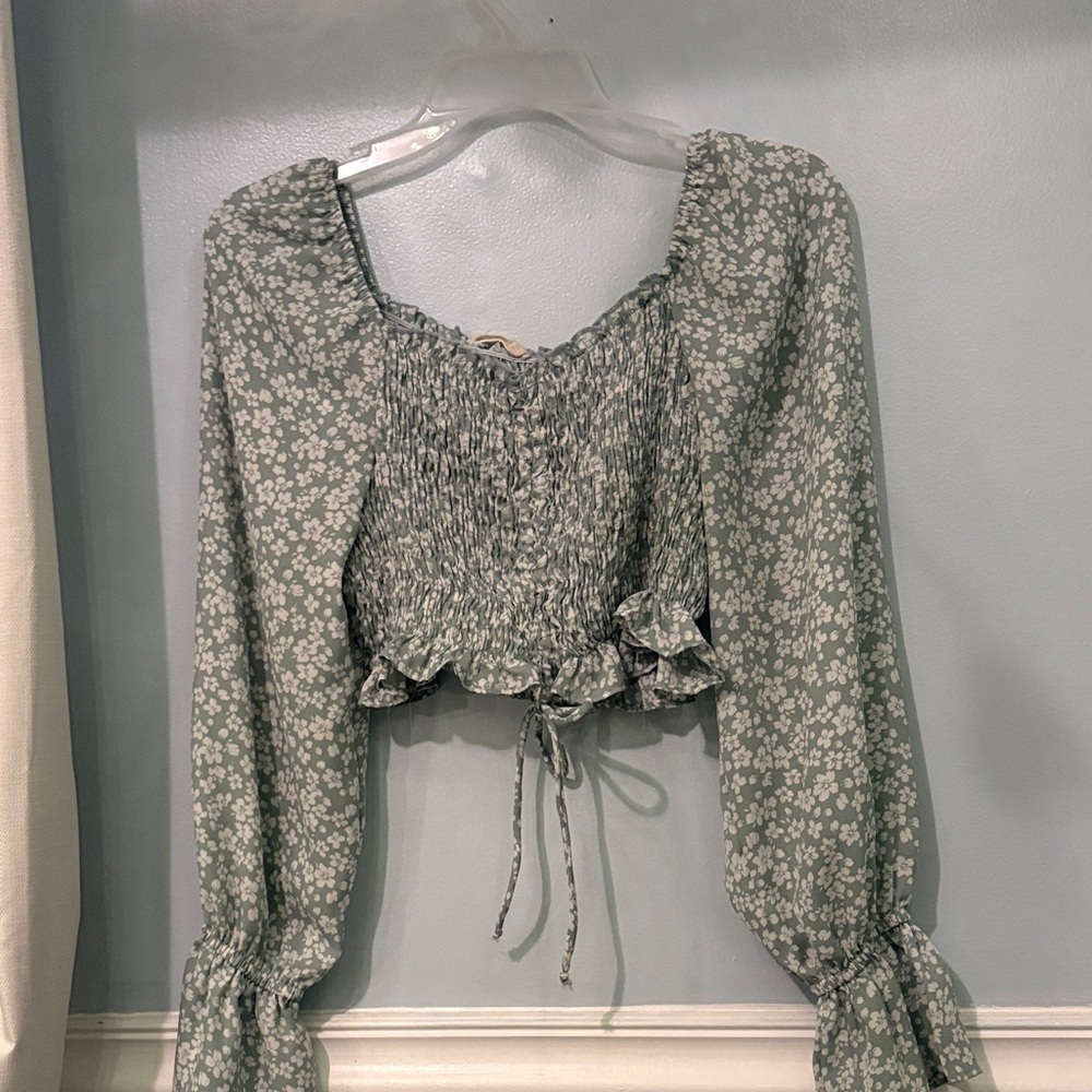 Altar'd State Floral Smocked Blouse in Sage